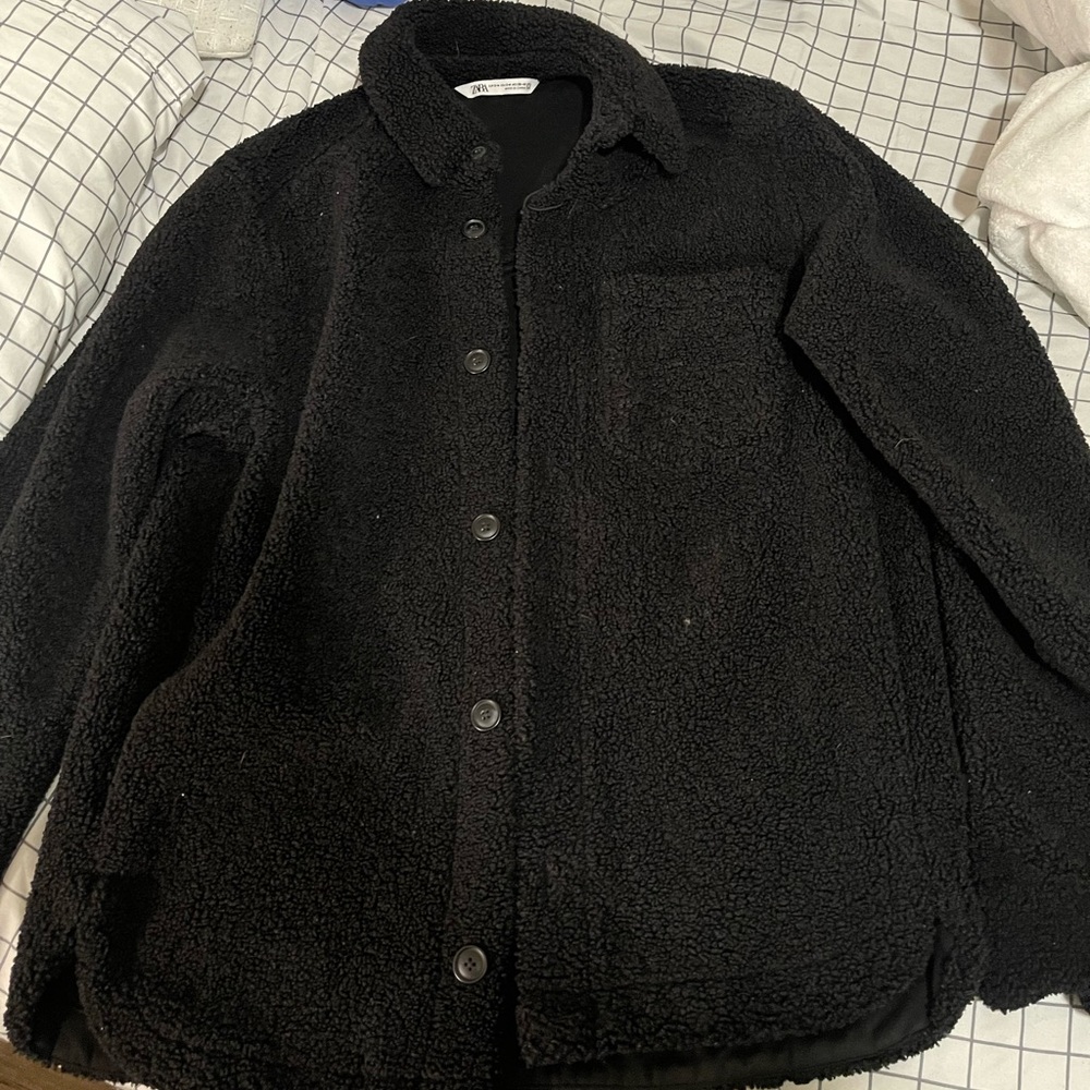 Zara Black Sherpa Teddy Button Up Jacket